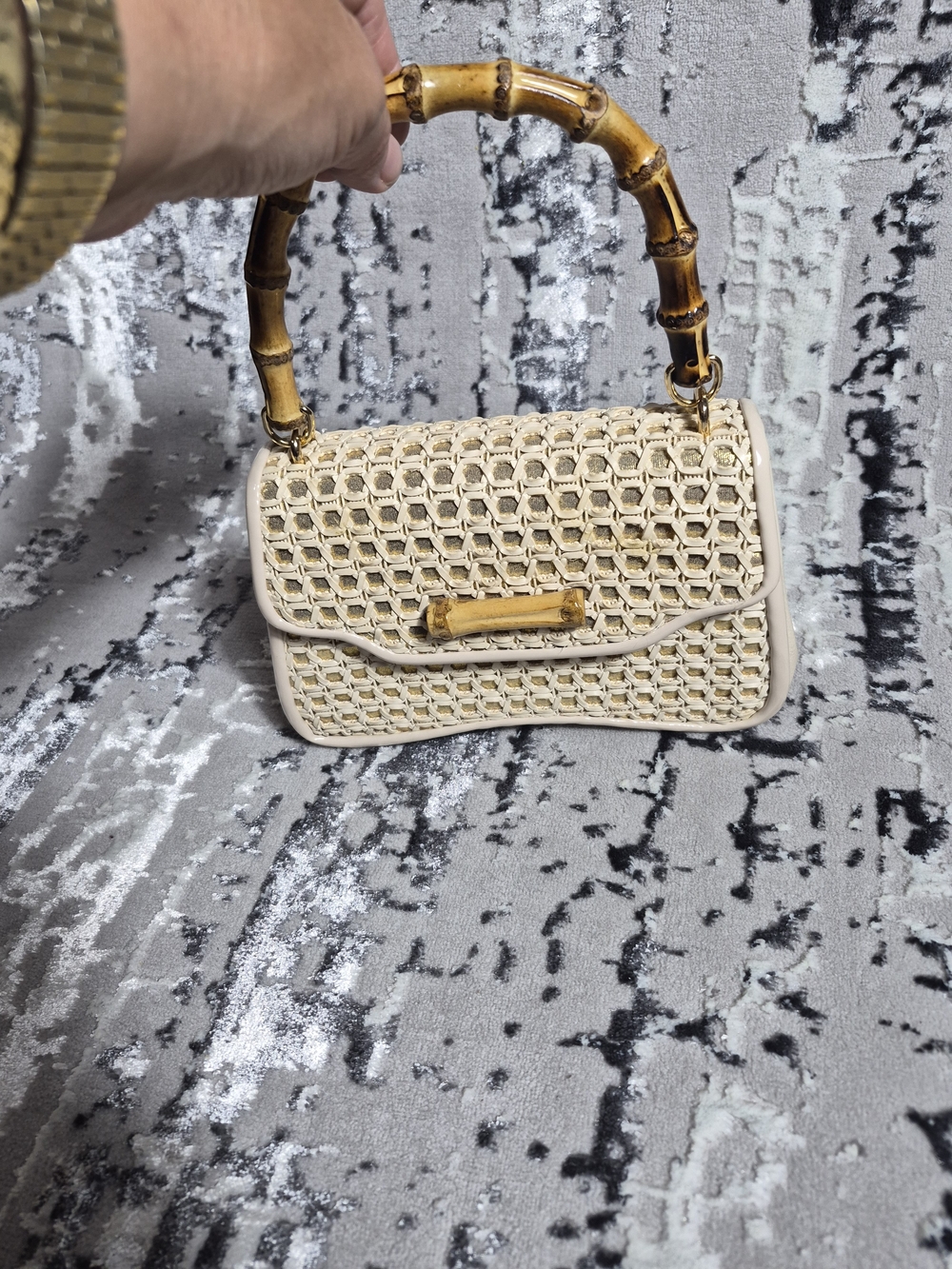 Tommy Bahama Cream Woven Mini Bag with Bamboo Handle